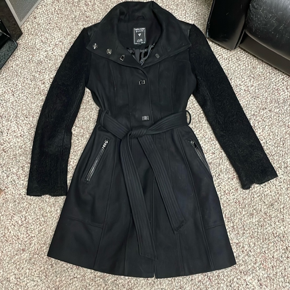 Guess Black Belted Trench Coat with Textured Sleeves